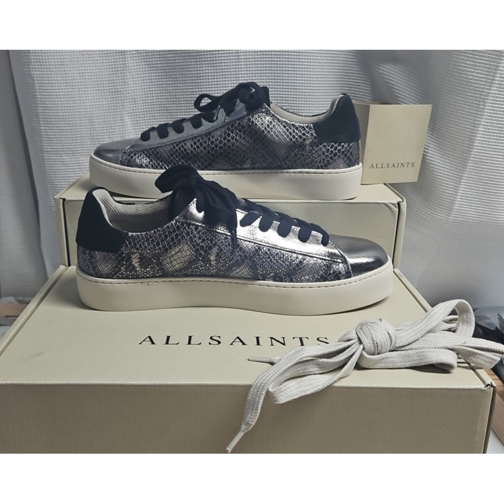 AllSaints Shana Met Sneaker Silver/Black leather lace up low‎ top woman 9.5M
